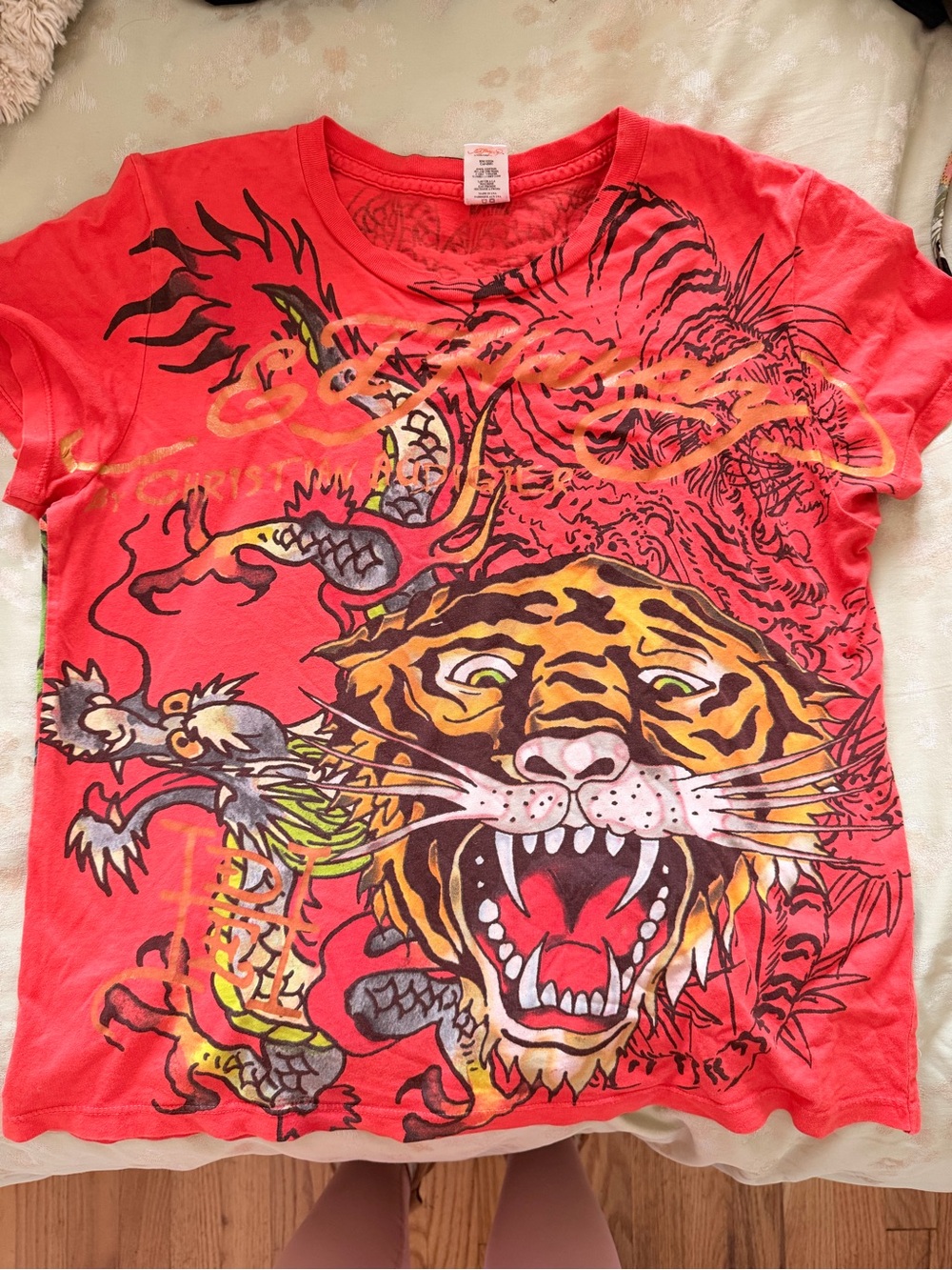 Ed Hardy Red Tee with Graphic Tiger and Dragon